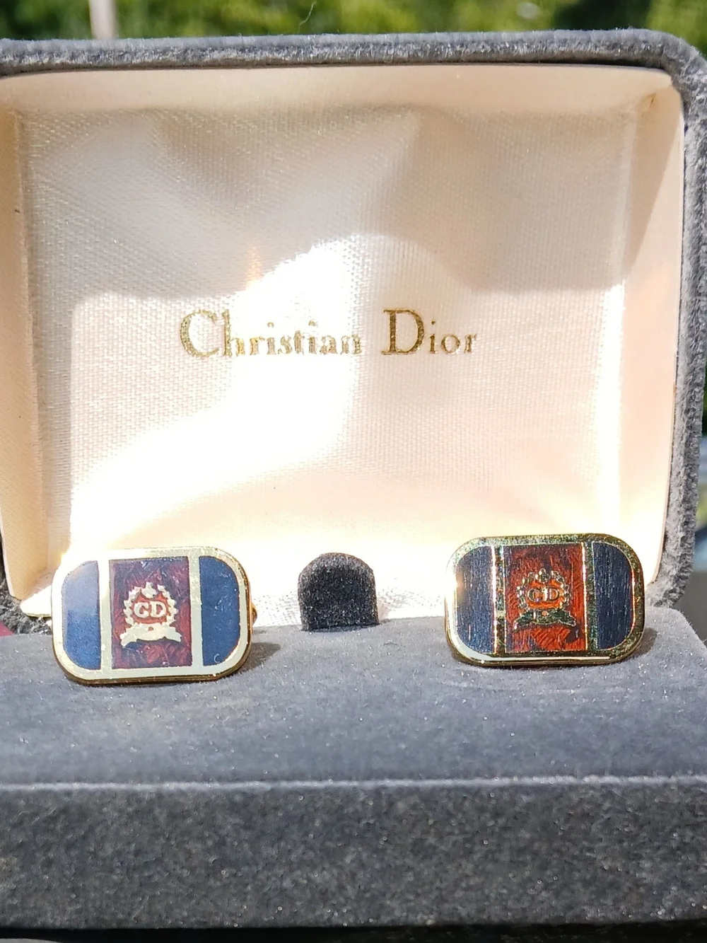 Dior Gold-Tone Enamel Crest Cufflinks in Navy & Burgundy